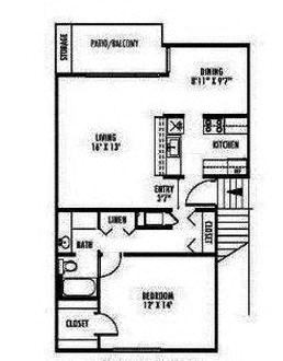 Floor plan for 1 bed, 1 bath, 736 sqft
